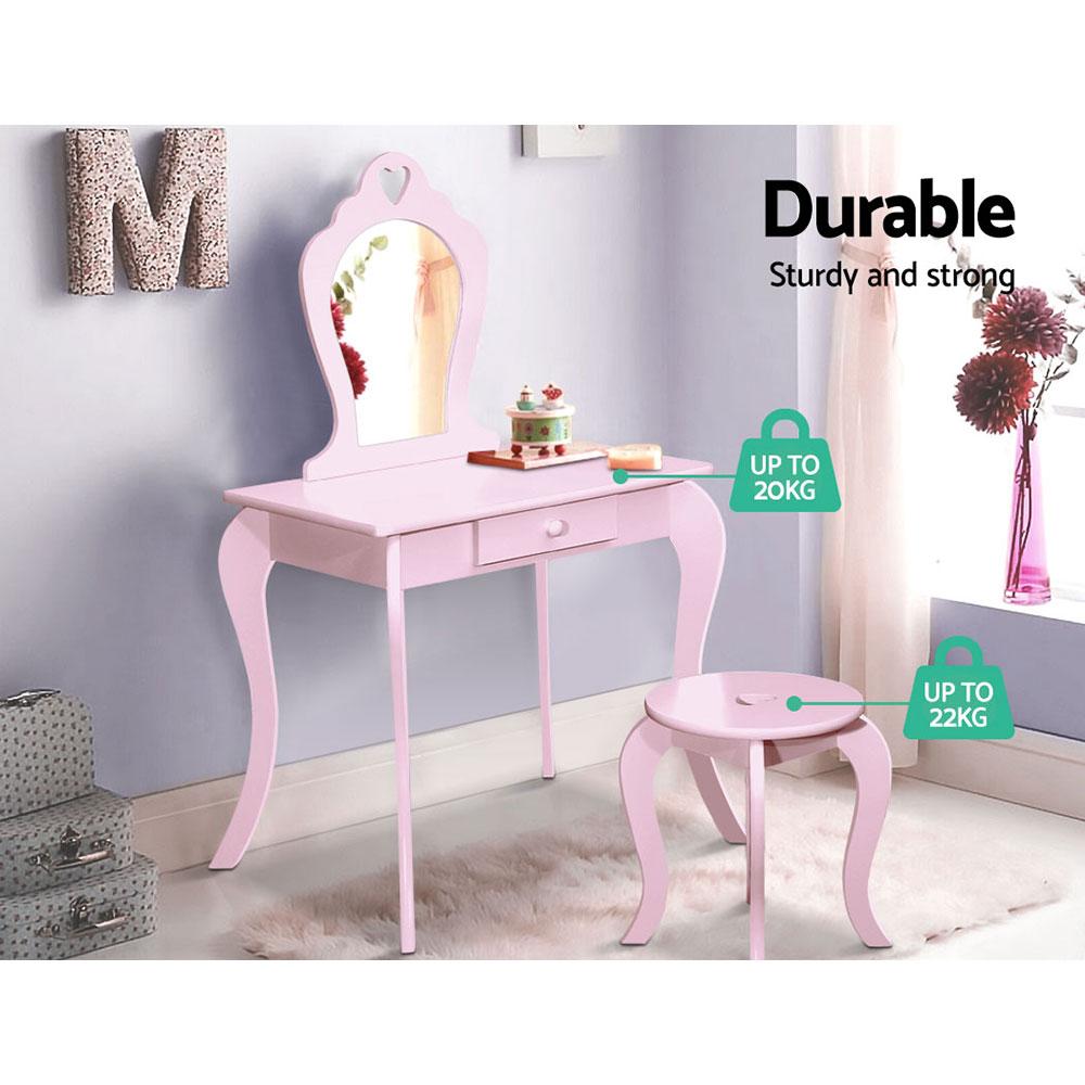 Keezi Pink Kids Vanity Dressing Table Set with stool and faux mirror, designed for little girls to enjoy makeup and play.